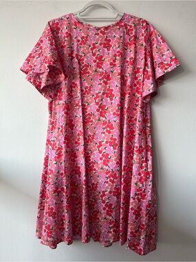 MEG pink and red cherry print A-line silhouette dress